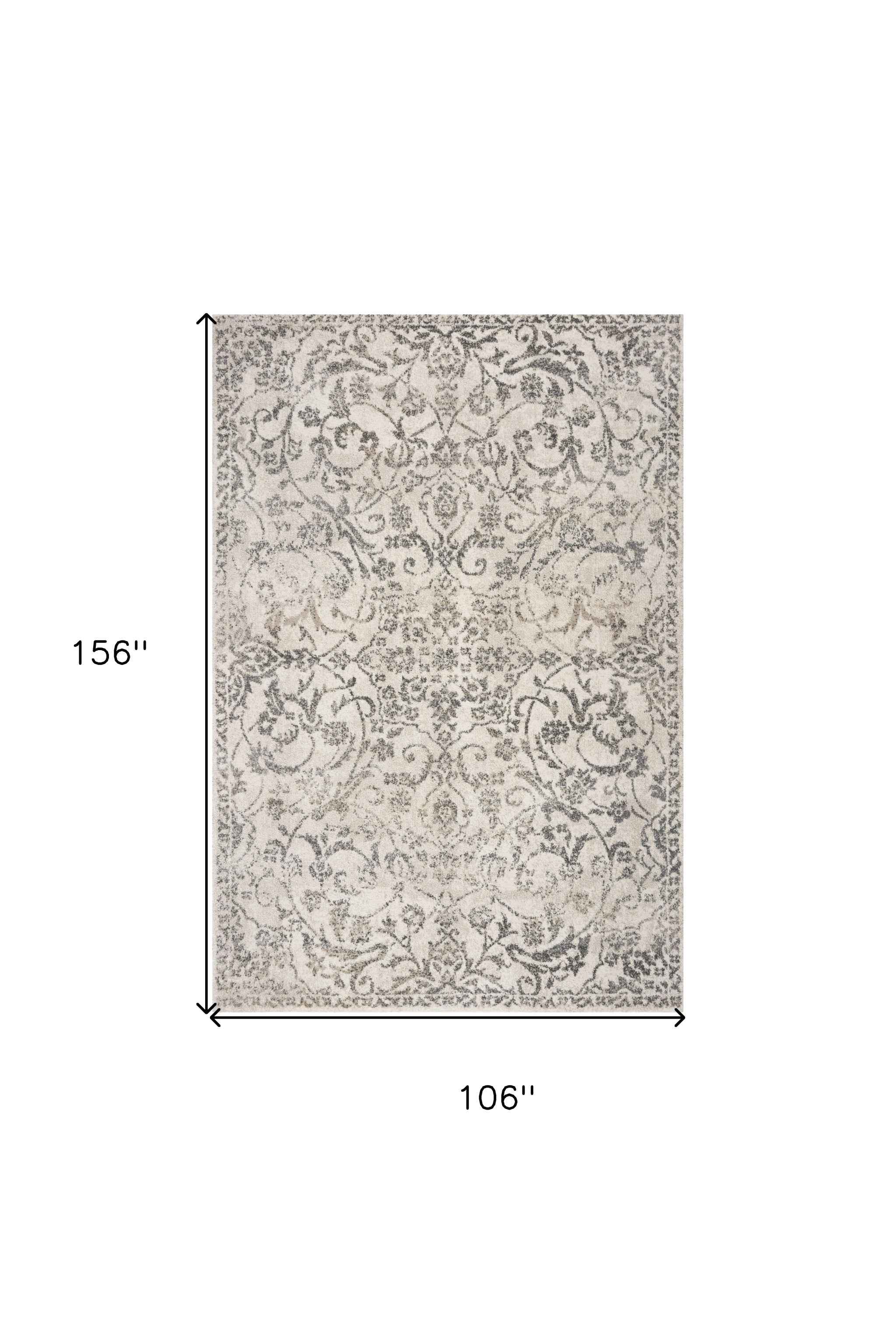 9'X13' Ivory Machine Woven Distressed Floral Vines Indoor Area Rug