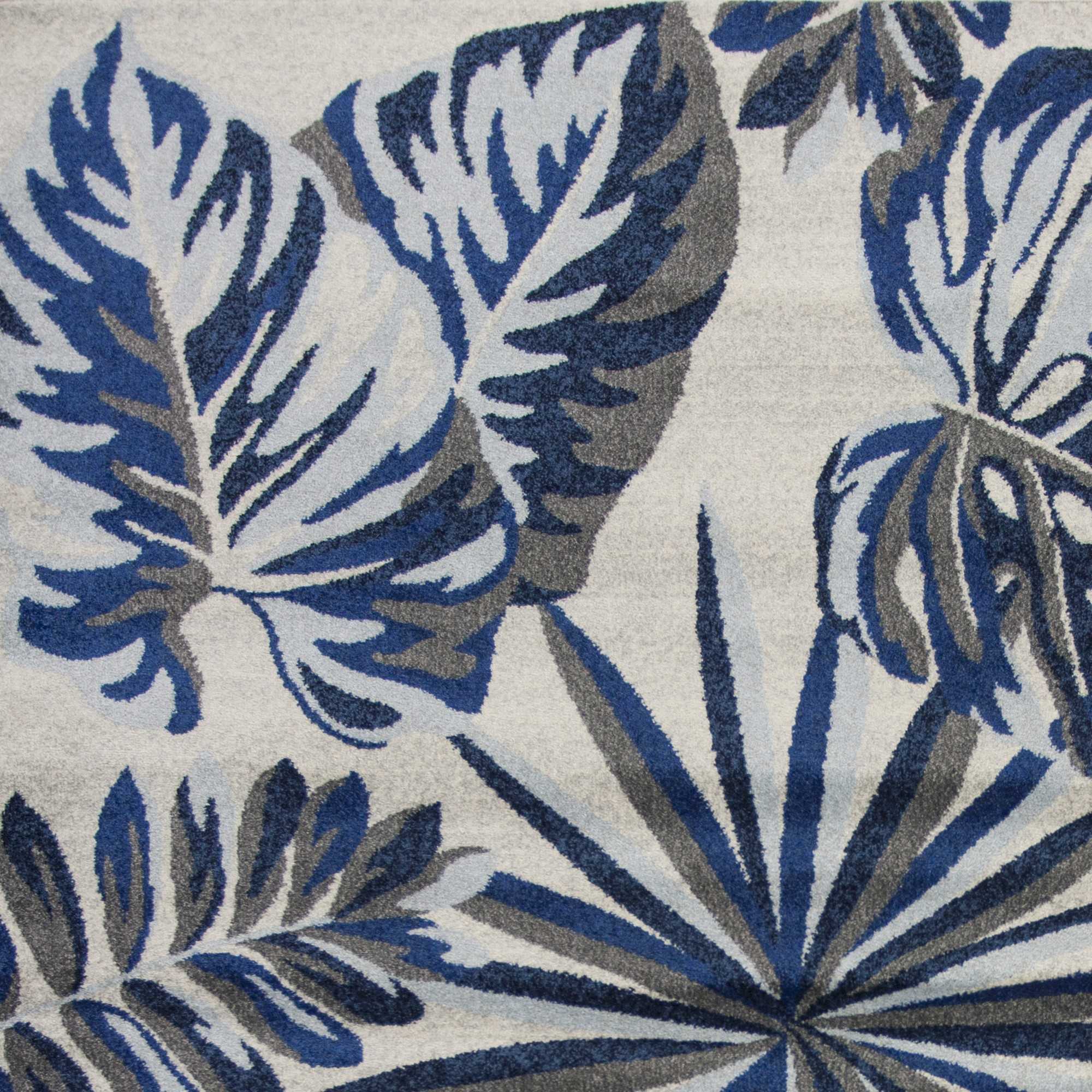 5' X 8' Gray And Blue Botanical Leaves Area Rug - Home Decor