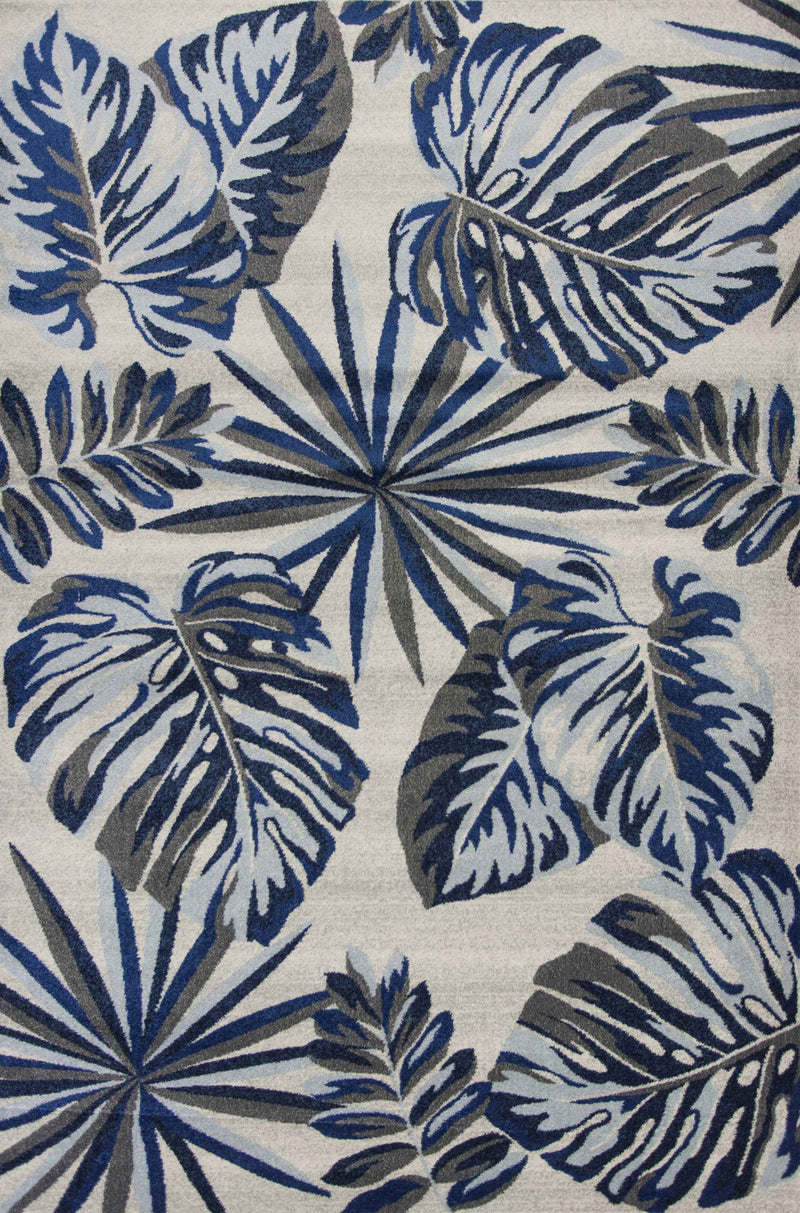 5' X 8' Gray And Blue Botanical Leaves Area Rug - Home Decor