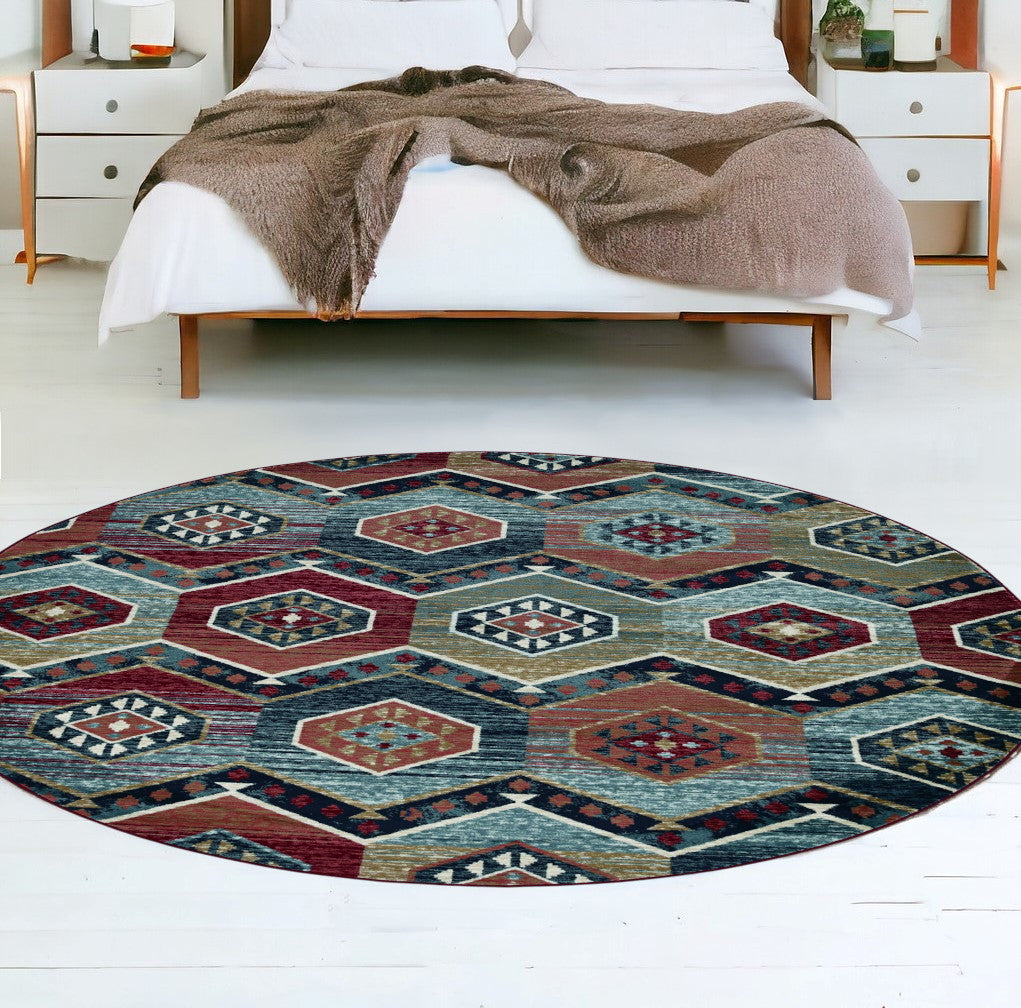 7' Round Multicolor Geometric Diamond Indoor Area Rug Default Title