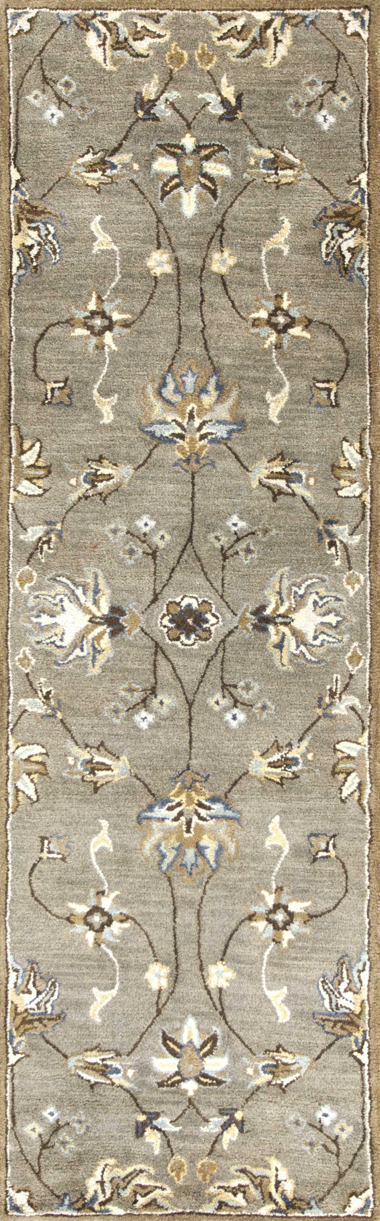 7' Gray Ivory And Brown New Zealand Lambs Wool Floral Hand Tufted Runner Rug - GreatEagleInc