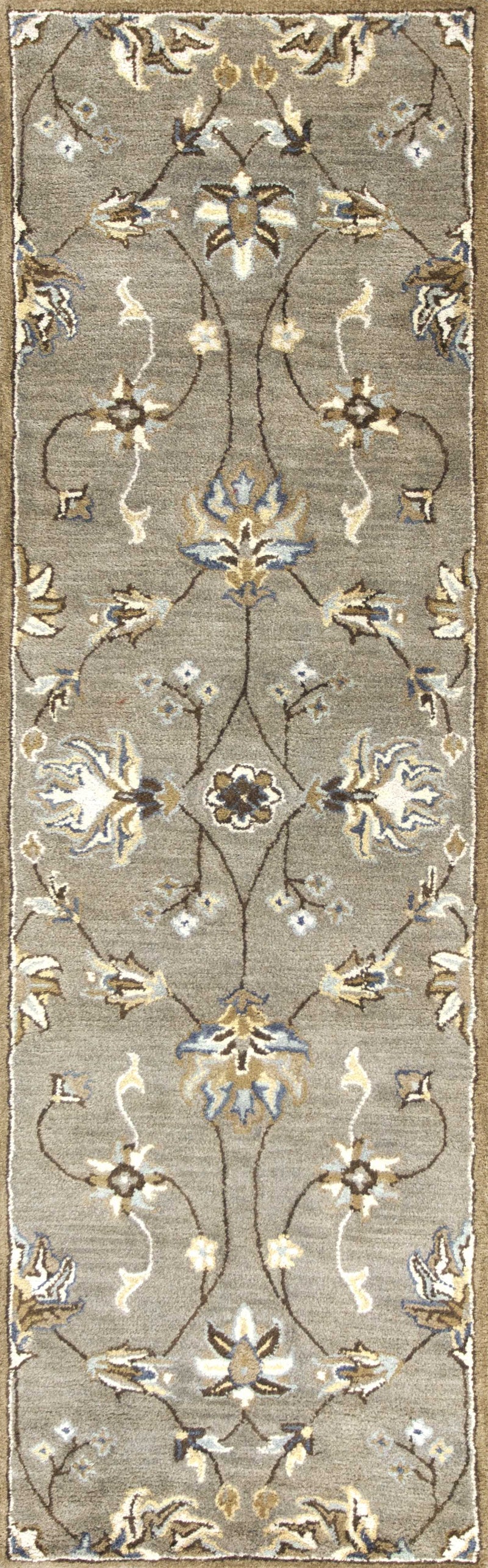 7' Gray Ivory And Brown New Zealand Lambs Wool Floral Hand Tufted Runner Rug - GreatEagleInc