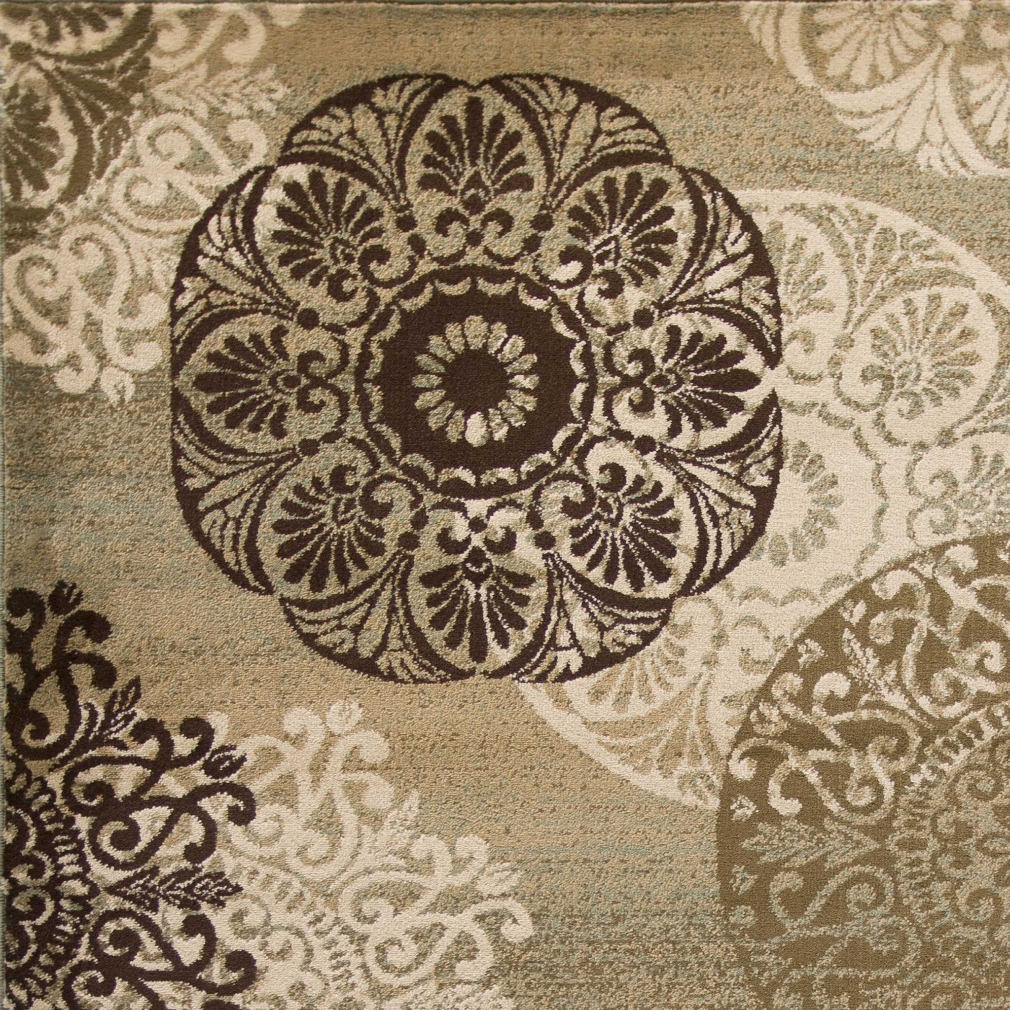 5' X 8' Sage Brown And Ivory Floral Medallion Area Rug - Home Decor