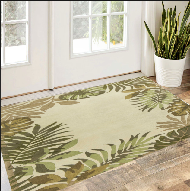 3'X5' Ivory Hand Tufted Bordered Tropical Leaves Indoor Area Rug