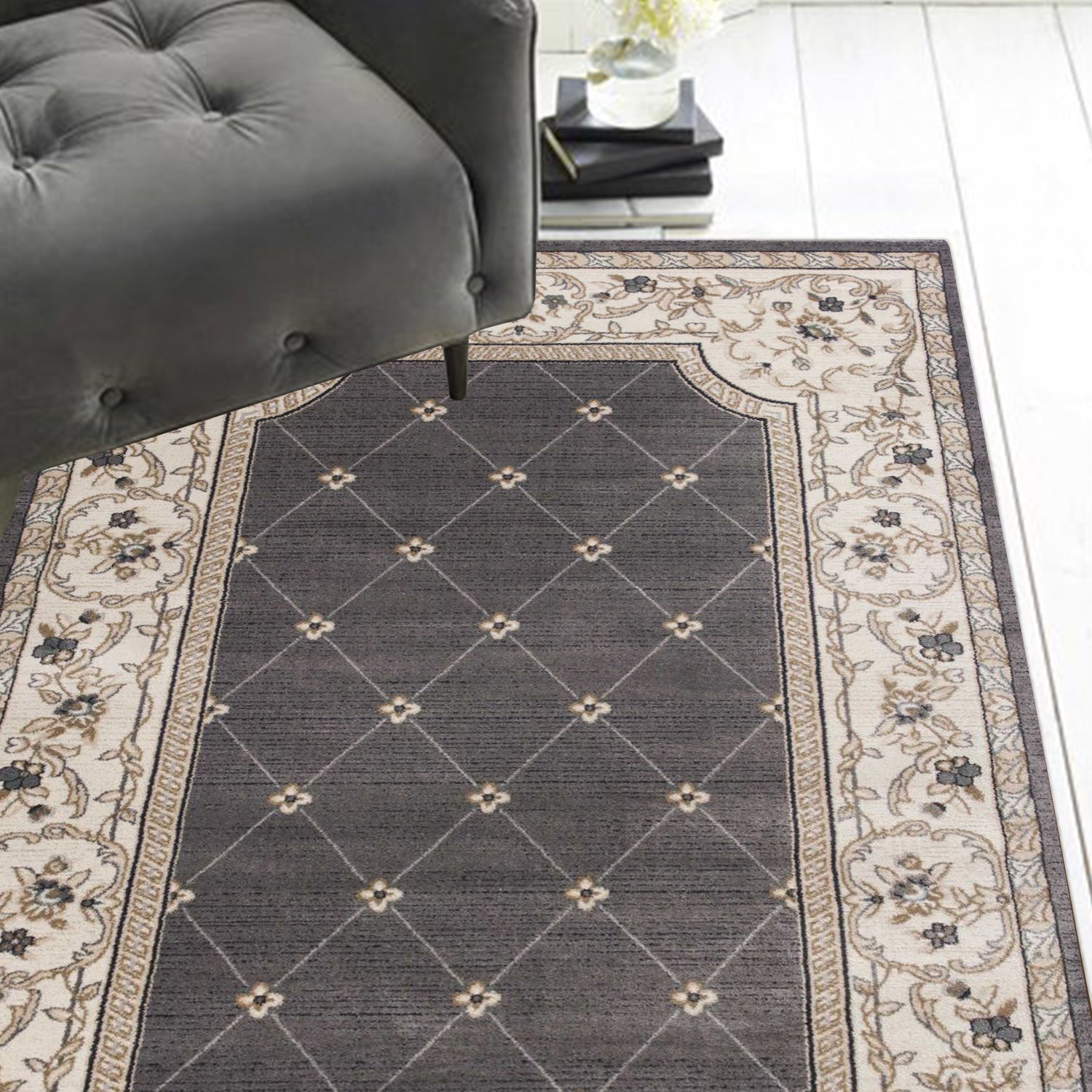 5' X 8' Gray And Ivory Floral Area Rug - Home Decor