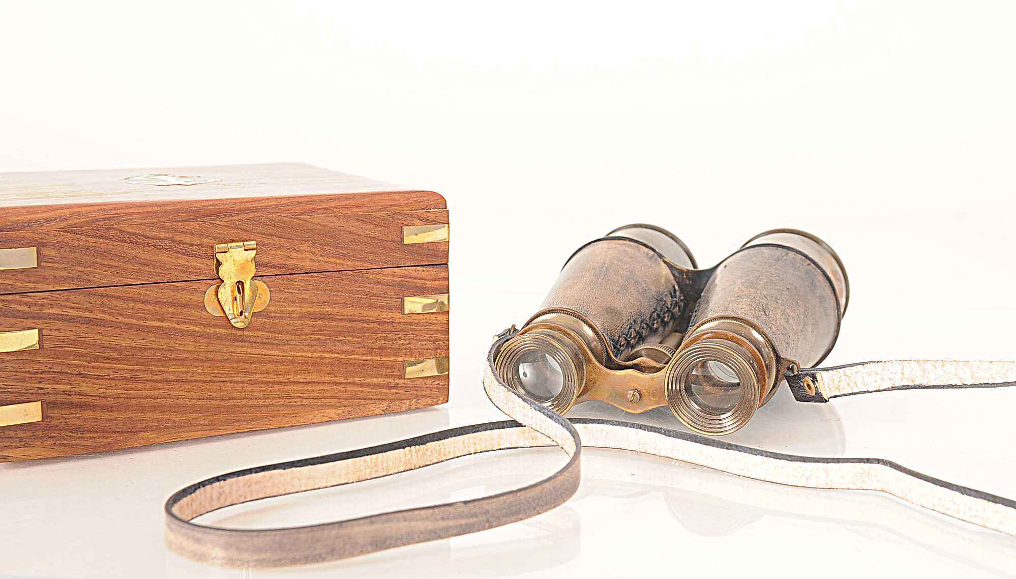 Rustic Brass And Leather Binoculars In Wood Storage Box