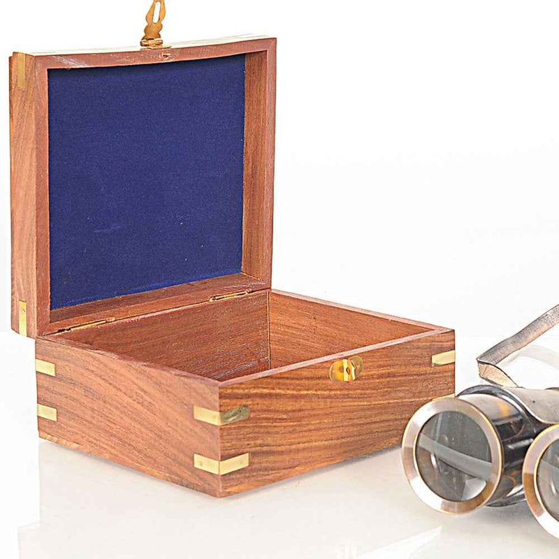 Rustic Brass And Leather Binoculars In Wood Storage Box