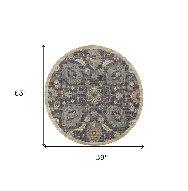 3' X 5' Taupe Floral Vine Bordered Wool Indoor Area Rug