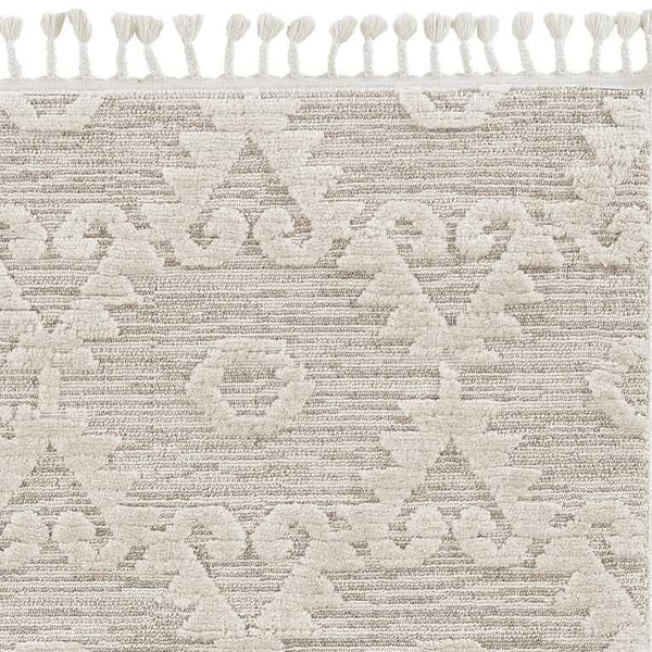 8' Ivory Beige Machine Woven Geometric With Fringe Indoor Runner Rug