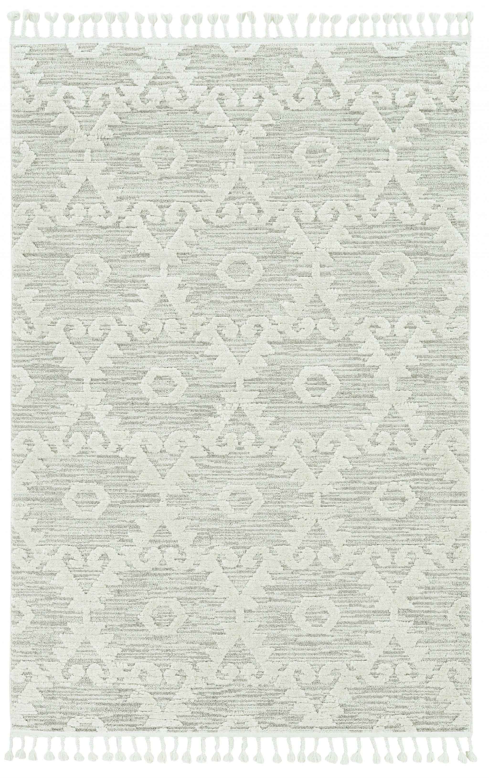 5' X 8' Ivory Or Beige Geometric Diamond Indoor Area Rug With Fringe