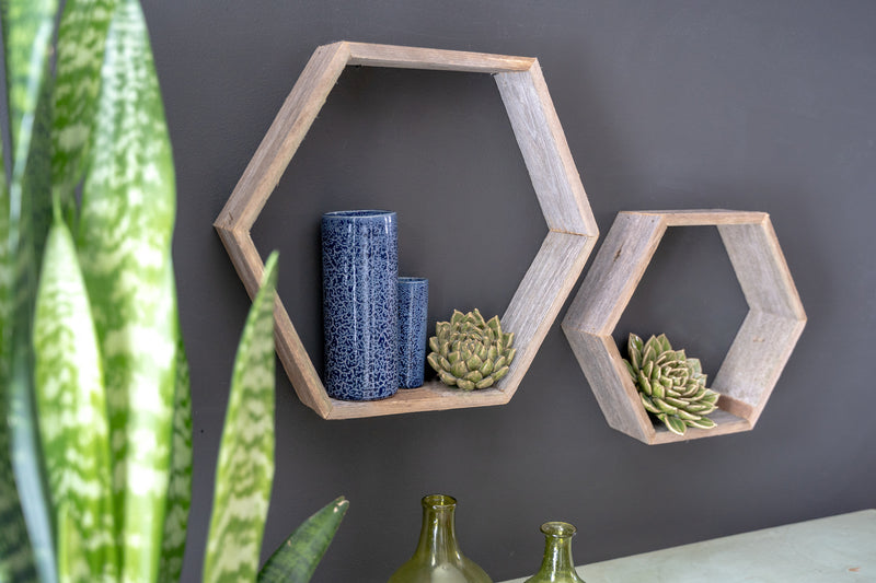 Set of Three Gray Wood Hexagon Wood Open Box Shelves - Home Decor