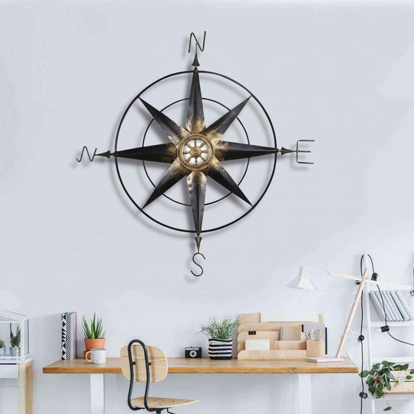 Black Metal Wall Decor Compass With Gold Center Accents