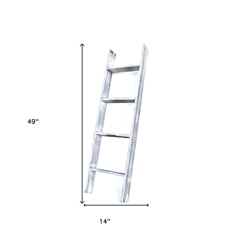 49" Whitewash Rustic Four Step Wood Ladder Shelf - Home Decor