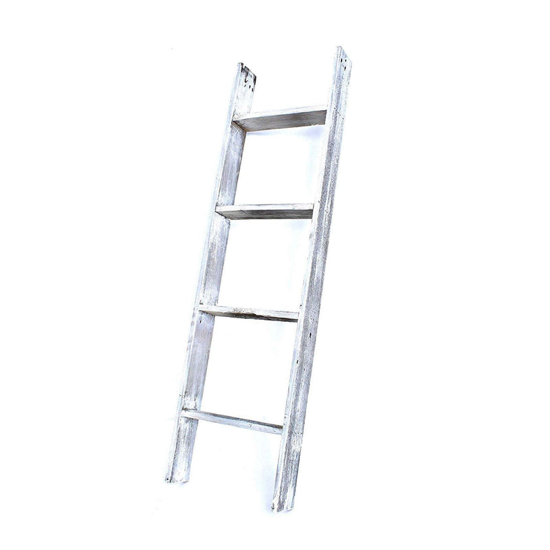 49" Whitewash Rustic Four Step Wood Ladder Shelf - Home Decor
