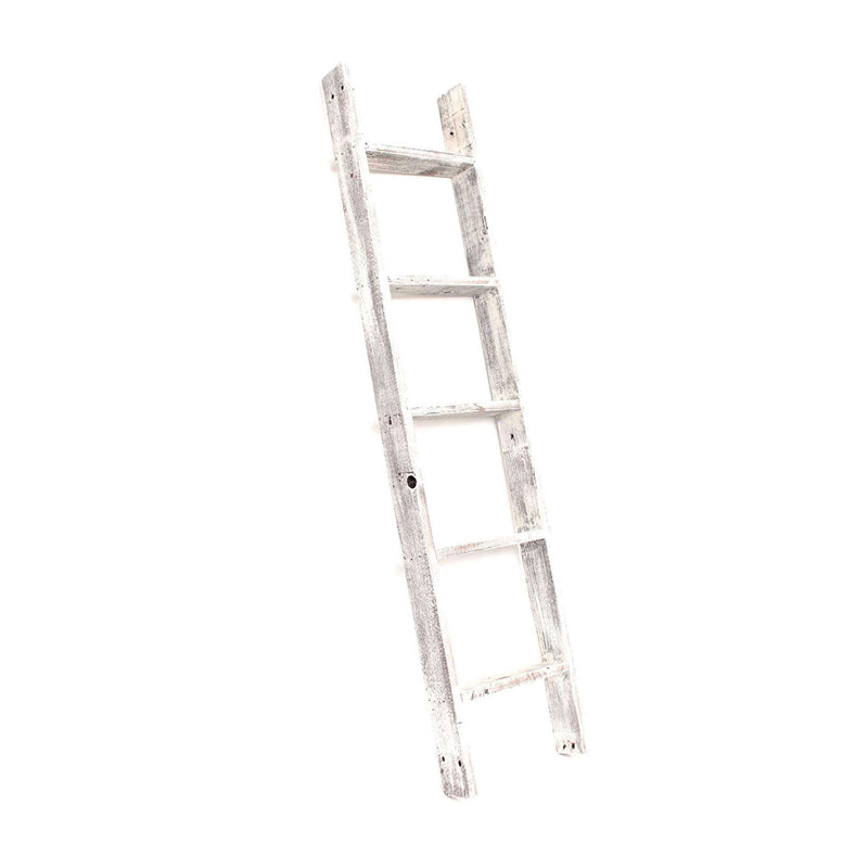60" White Rustic Four Step Wood Ladder Shelf - Home Decor