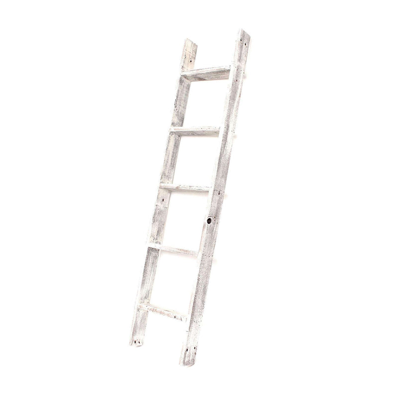 60" White Rustic Four Step Wood Ladder Shelf - Home Decor