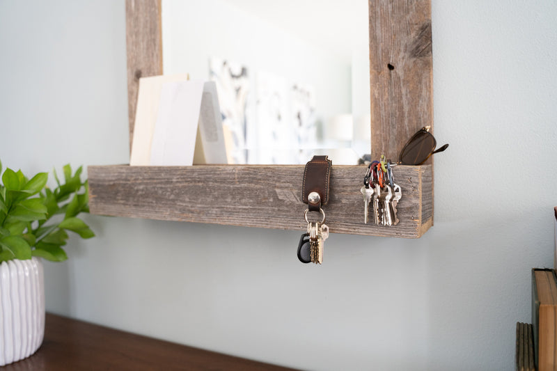 Rustic Weathered Gray Reclaimed Wood Plank Mirror With Shelf - Home Decor