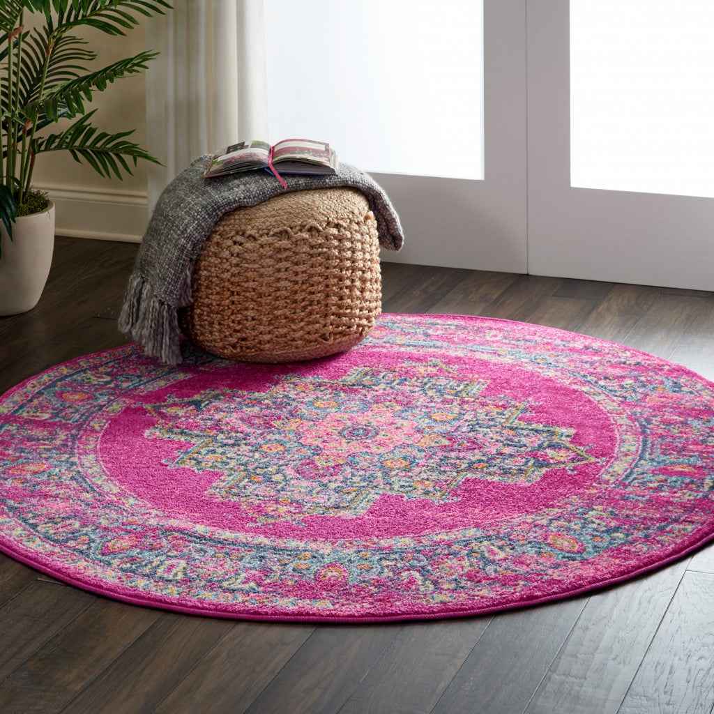 8' Fuchsia Round Power Loom Area Rug