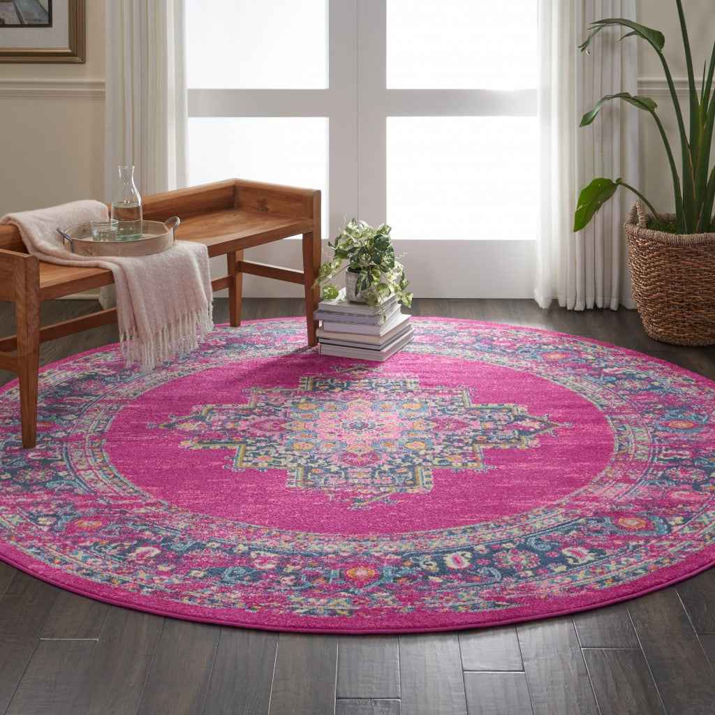 8' Fuchsia Round Power Loom Area Rug