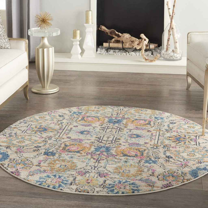 5' Orange And Ivory Round Floral Power Loom Area Rug