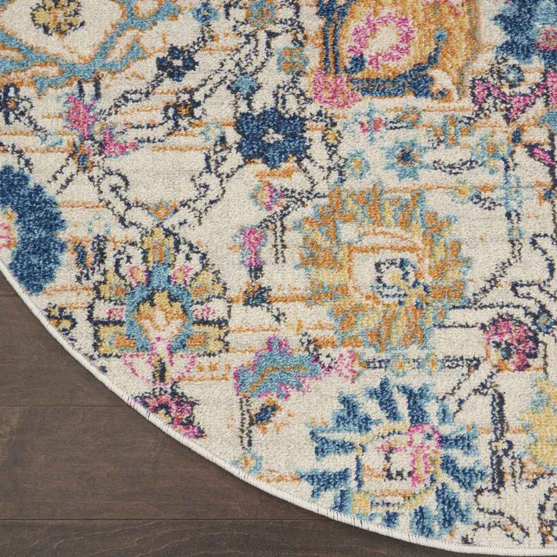 5' Orange And Ivory Round Floral Power Loom Area Rug