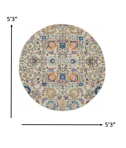 5' Orange And Ivory Round Floral Power Loom Area Rug