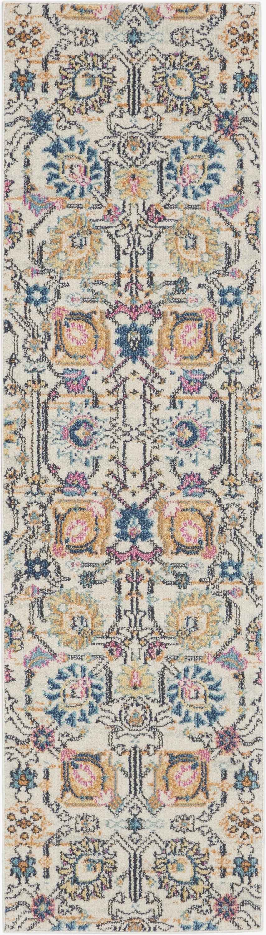 8' Orange And Ivory Floral Power Loom Runner Rug