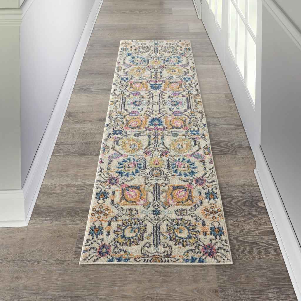 8' Orange And Ivory Floral Power Loom Runner Rug