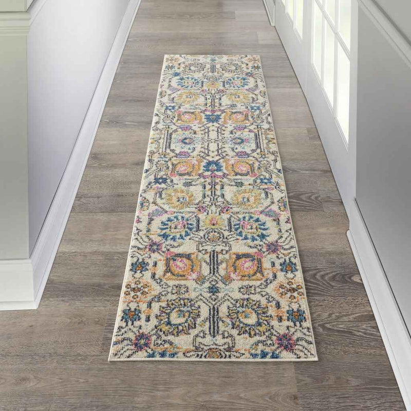8' Orange And Ivory Floral Power Loom Runner Rug