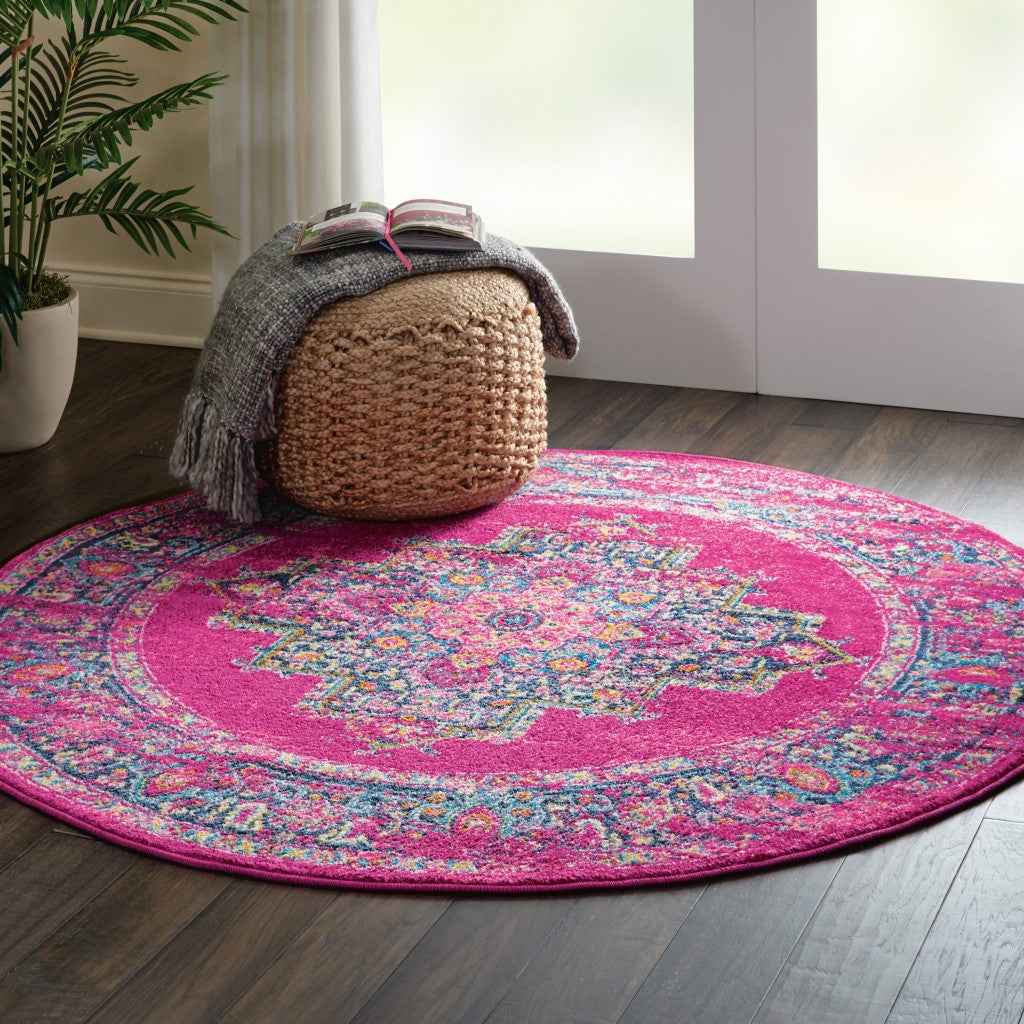 4' Fuchsia Round Power Loom Area Rug