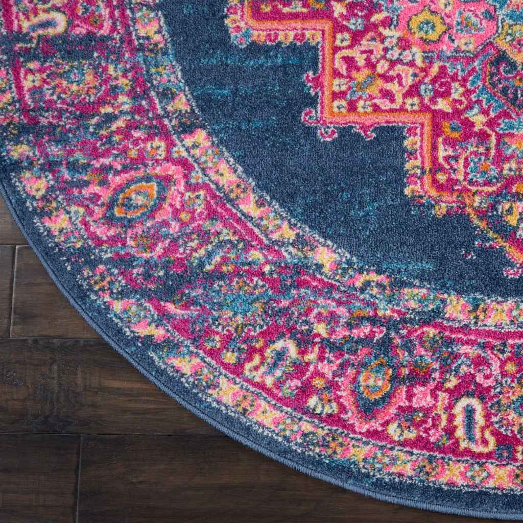 8' Blue Round Power Loom Area Rug