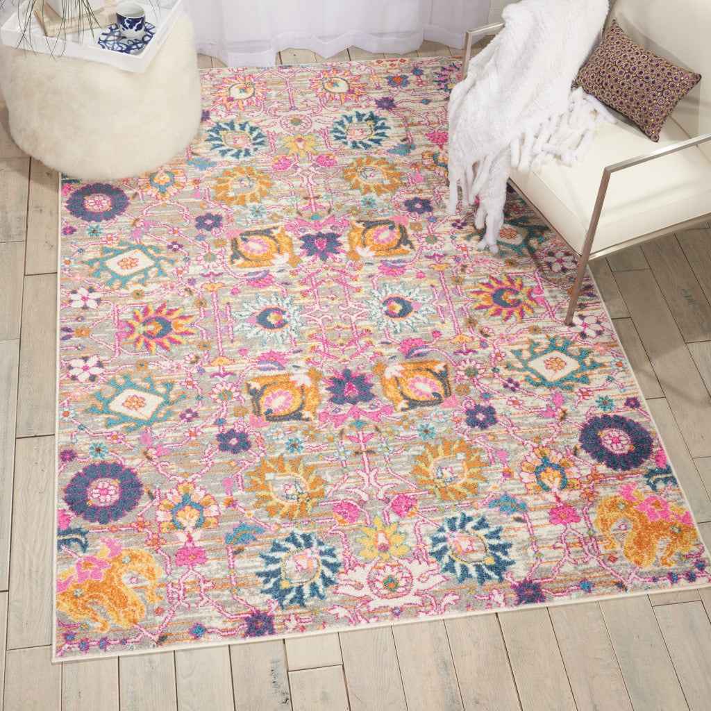 5' x 7' Gray and Pink Floral Power Loom Distressed Area Rug