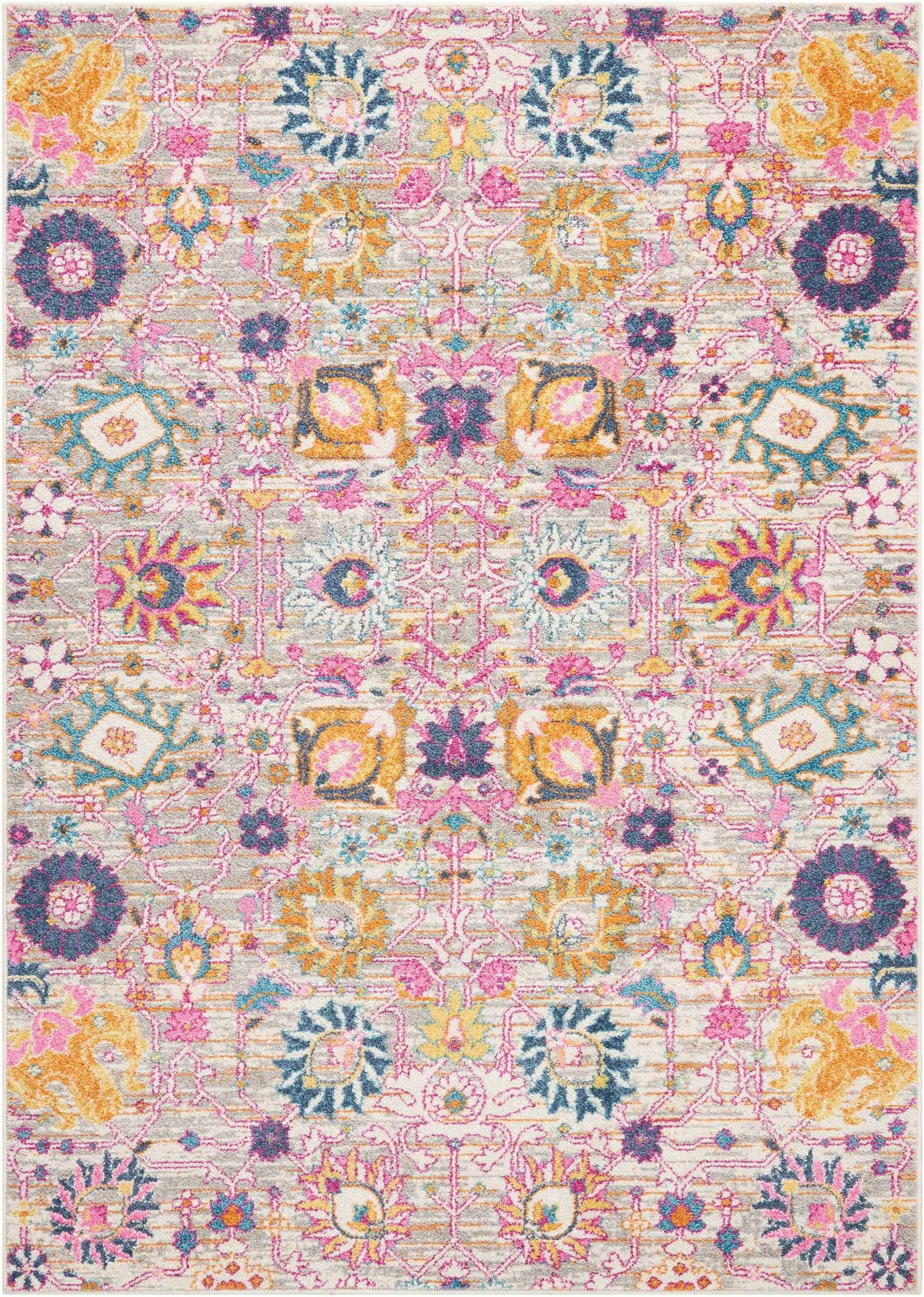 5' x 7' Gray and Pink Floral Power Loom Distressed Area Rug