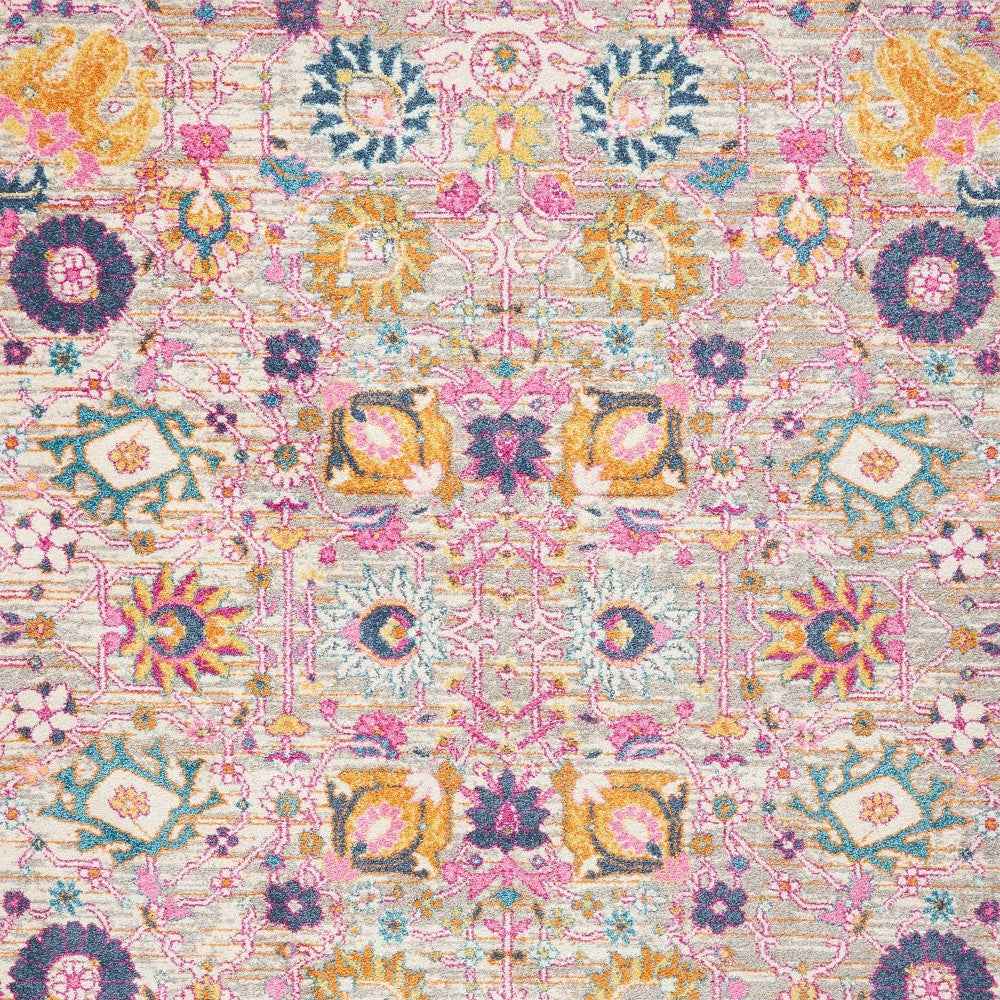 5' x 7' Gray and Pink Floral Power Loom Distressed Area Rug