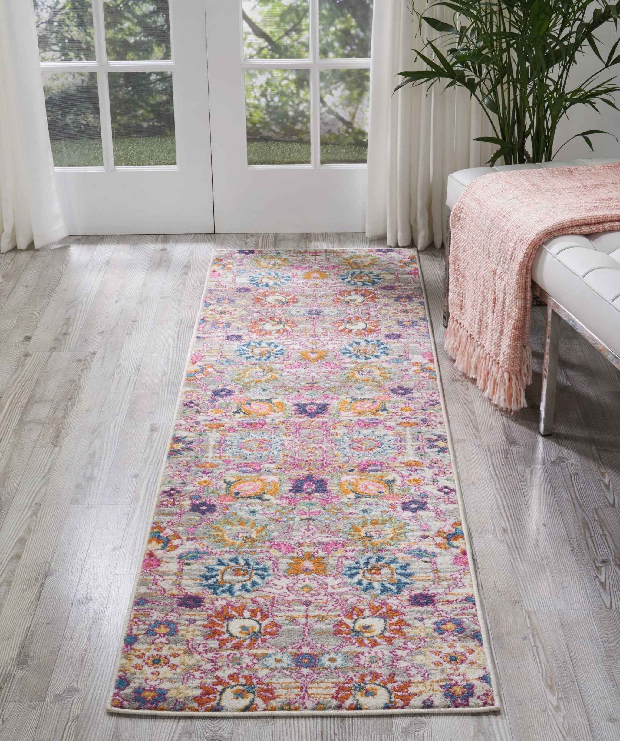 8' Silver Floral Power Loom Runner Rug