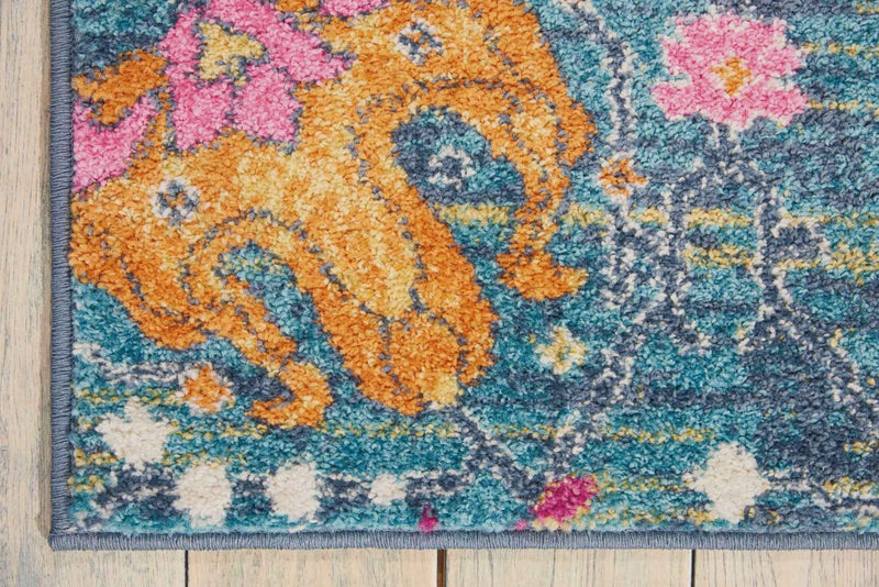 7' X 10' Blue And Orange Floral Power Loom Area Rug
