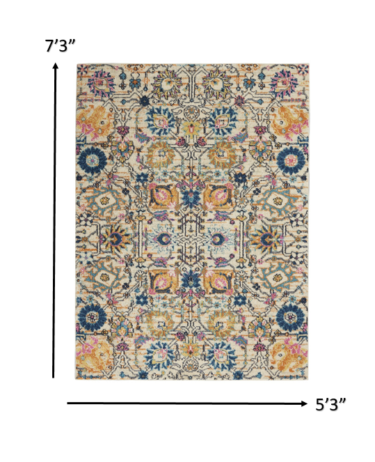 5' X 7' Orange And Ivory Floral Power Loom Area Rug