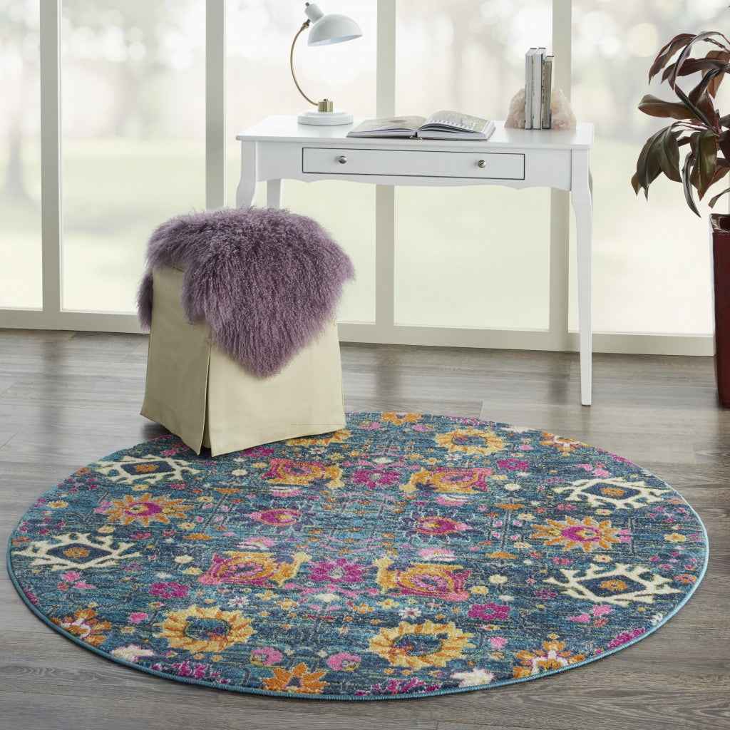 5' Blue And Orange Round Floral Power Loom Area Rug