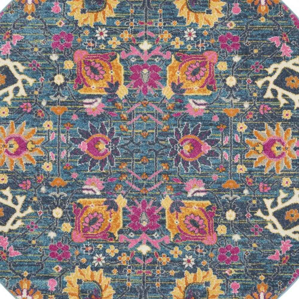 5' Blue And Orange Round Floral Power Loom Area Rug
