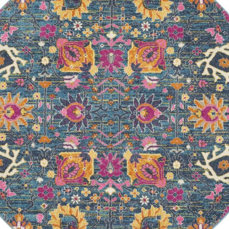 5' Blue And Orange Round Floral Power Loom Area Rug