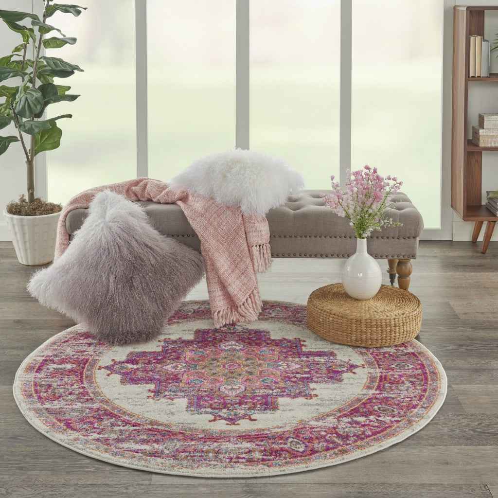 5' Fuchsia Round Power Loom Area Rug