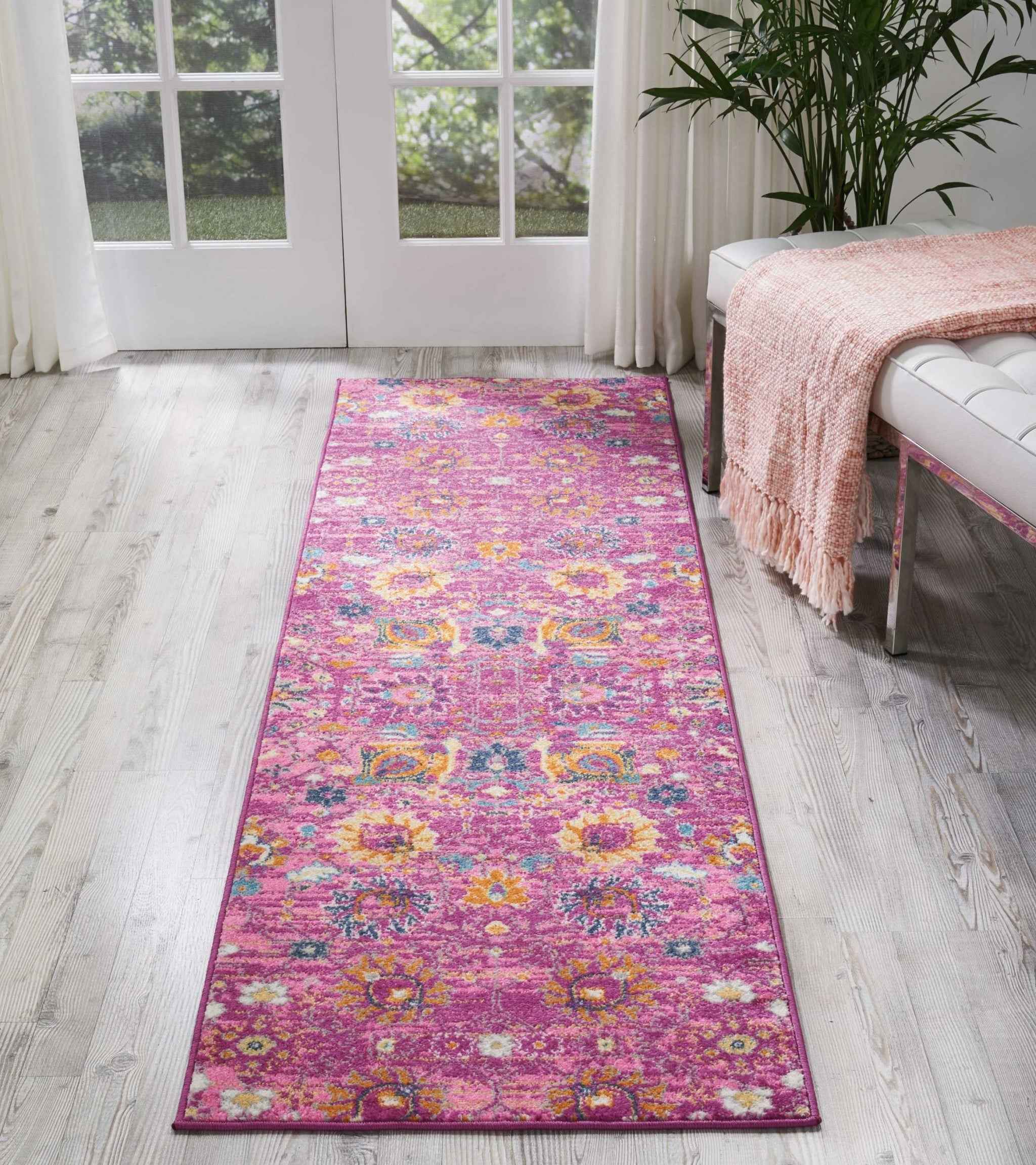 8' Fuchsia Floral Power Loom Runner Rug