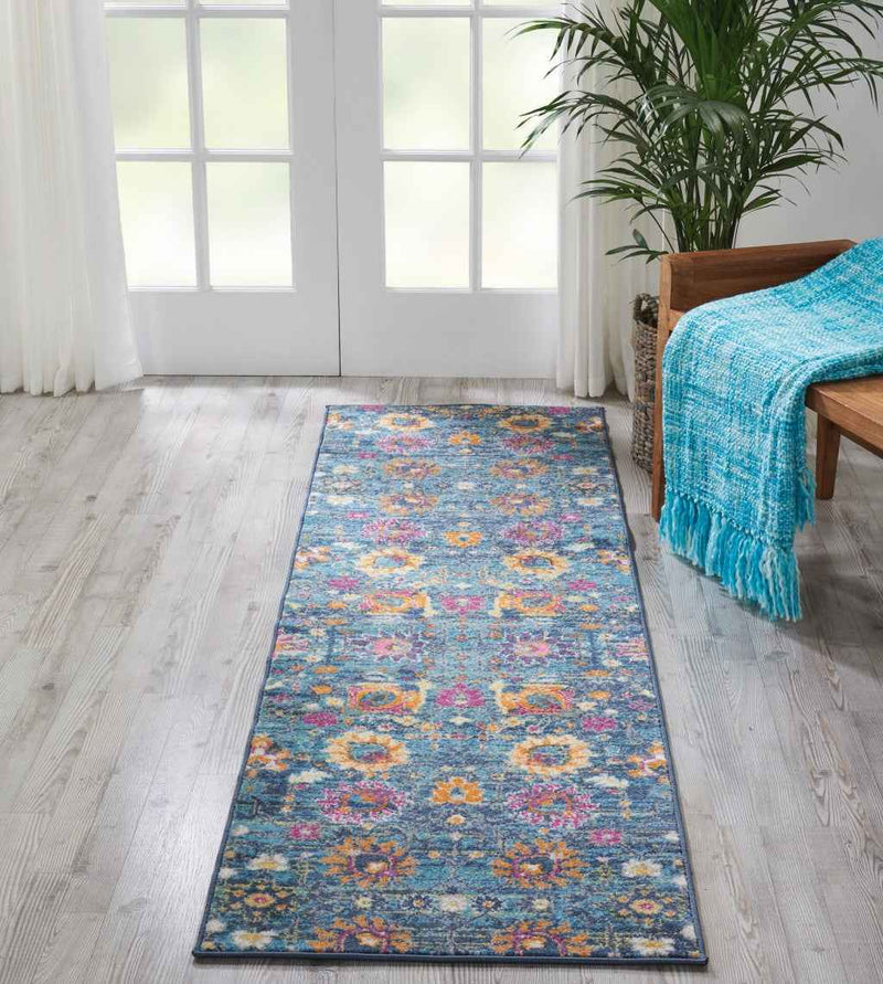 10' Blue And Orange Floral Power Loom Runner Rug