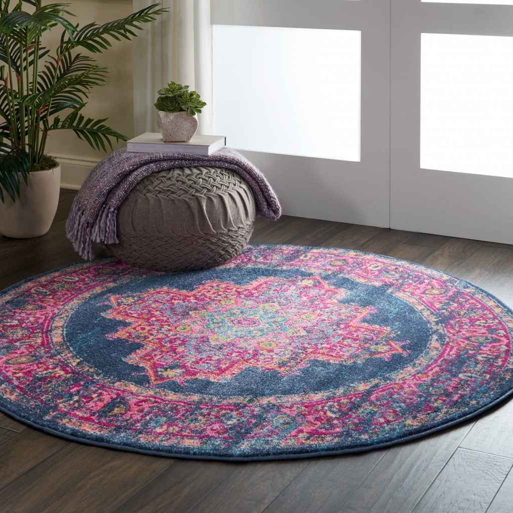 5' Blue Round Power Loom Area Rug