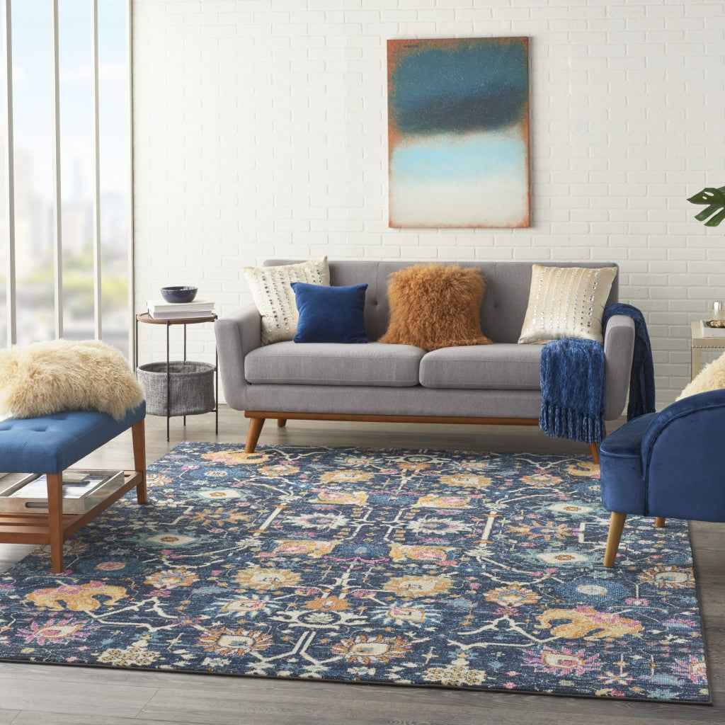 8' X 10' Navy Blue Floral Power Loom Area Rug