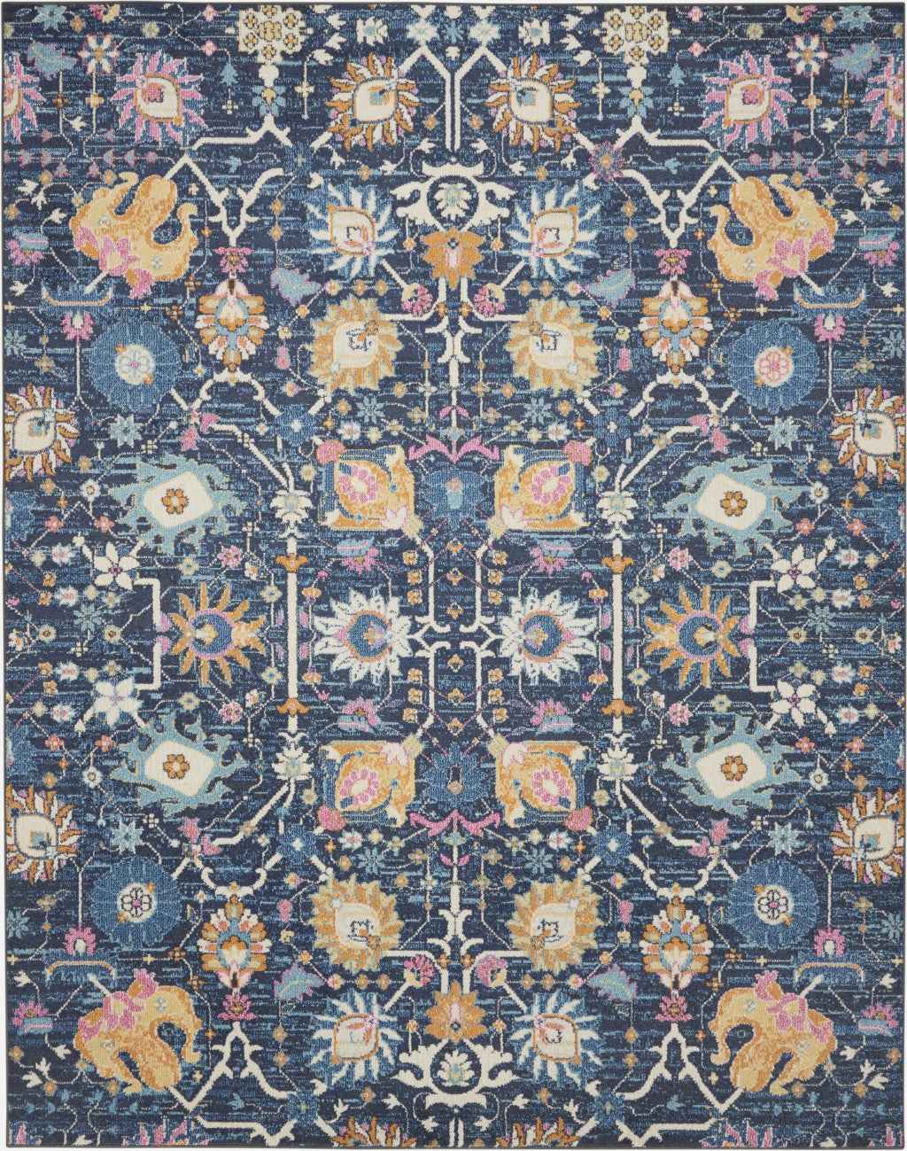 8' X 10' Navy Blue Floral Power Loom Area Rug