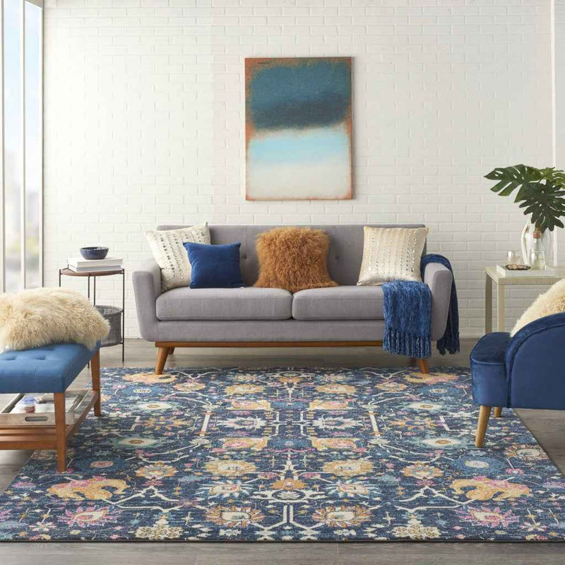8' X 10' Navy Blue Floral Power Loom Area Rug
