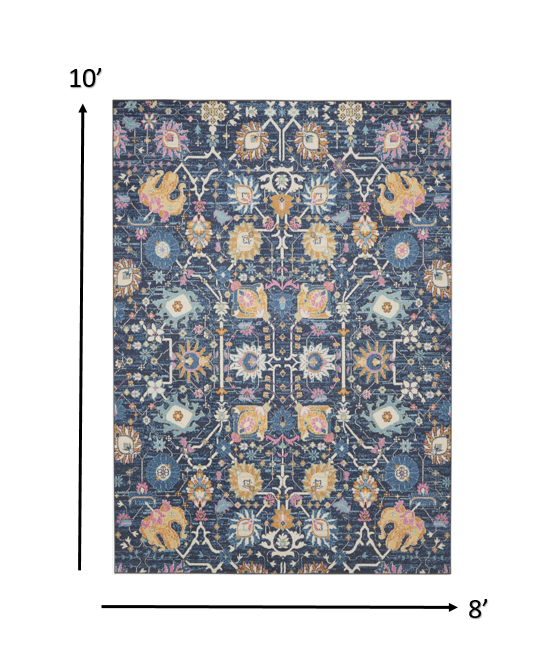 8' X 10' Navy Blue Floral Power Loom Area Rug