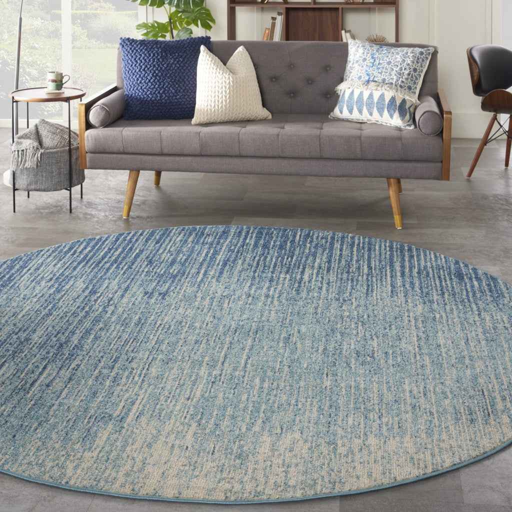 8' Ivory And Blue Round Abstract Power Loom Area Rug