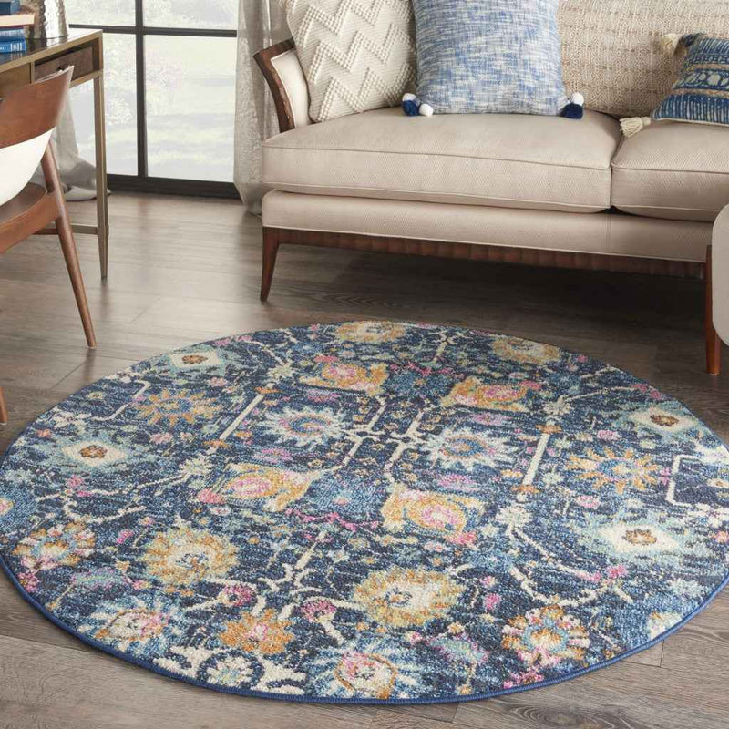 5' Navy Blue Round Floral Power Loom Area Rug